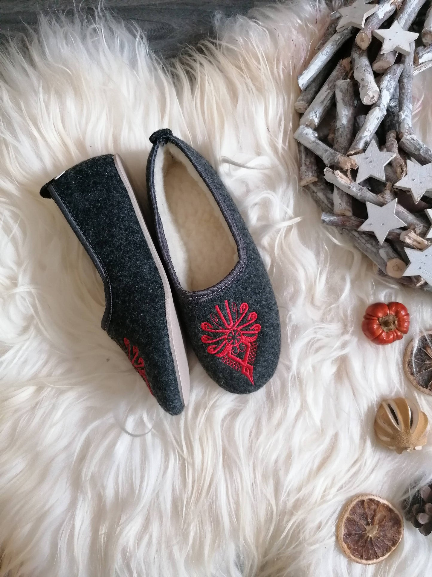 Graphite Felt Ballerina Folk Embroidered Slippers