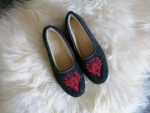 Graphite Felt Ballerina Folk Embroidered Slippers