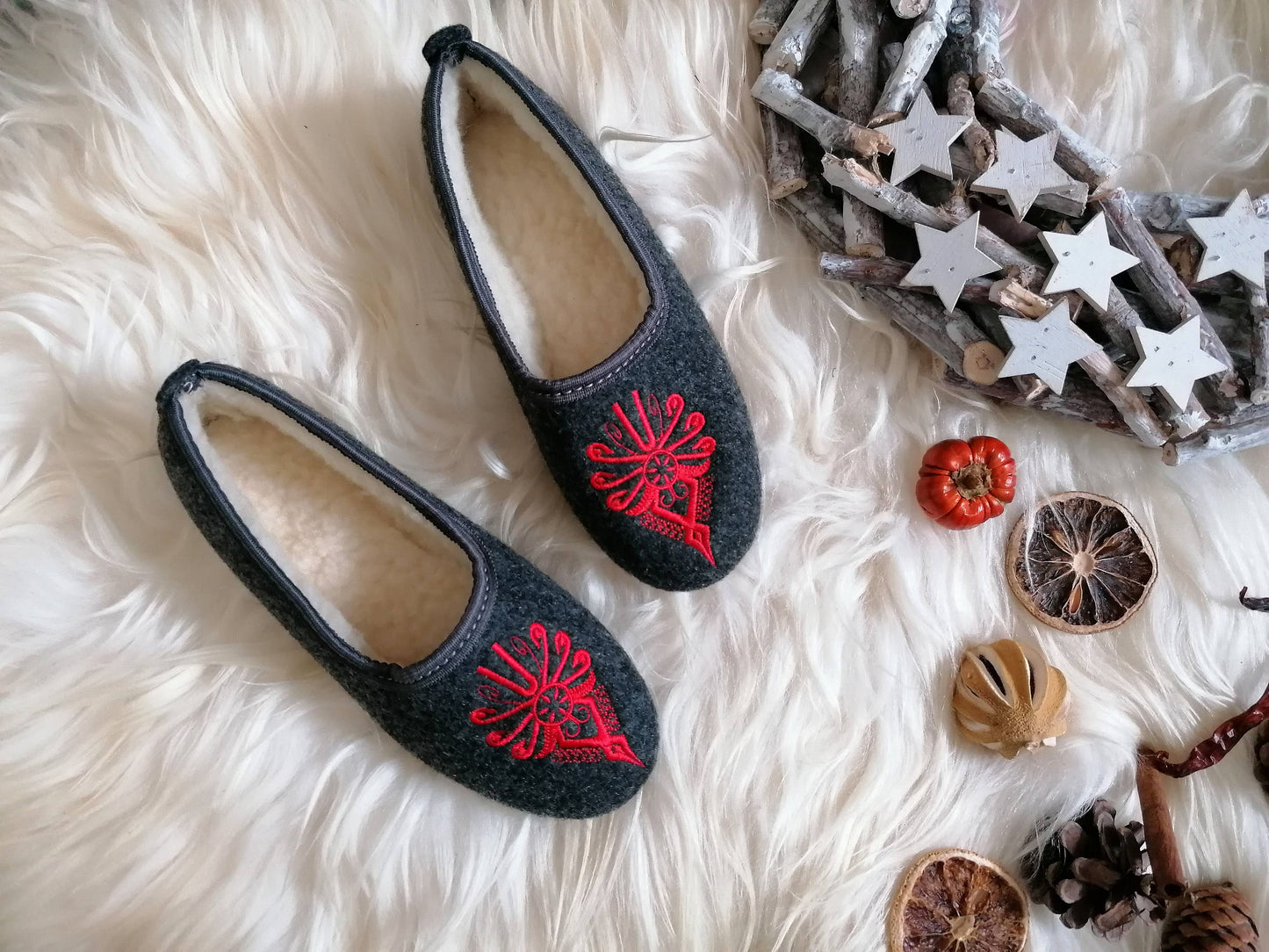 Graphite Felt Ballerina Folk Embroidered Slippers