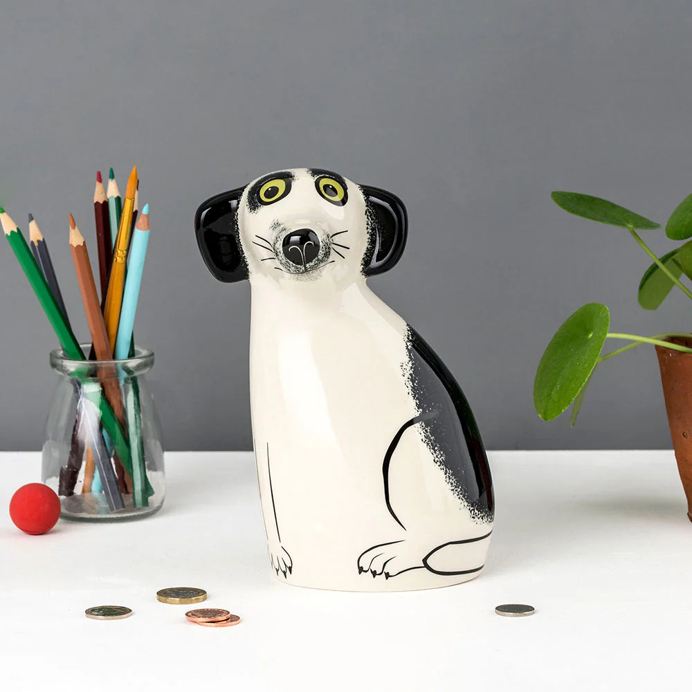 Handmade Ceramic Money Box - Black & White Dog
