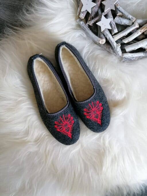 Graphite Felt Ballerina Folk Embroidered Slippers
