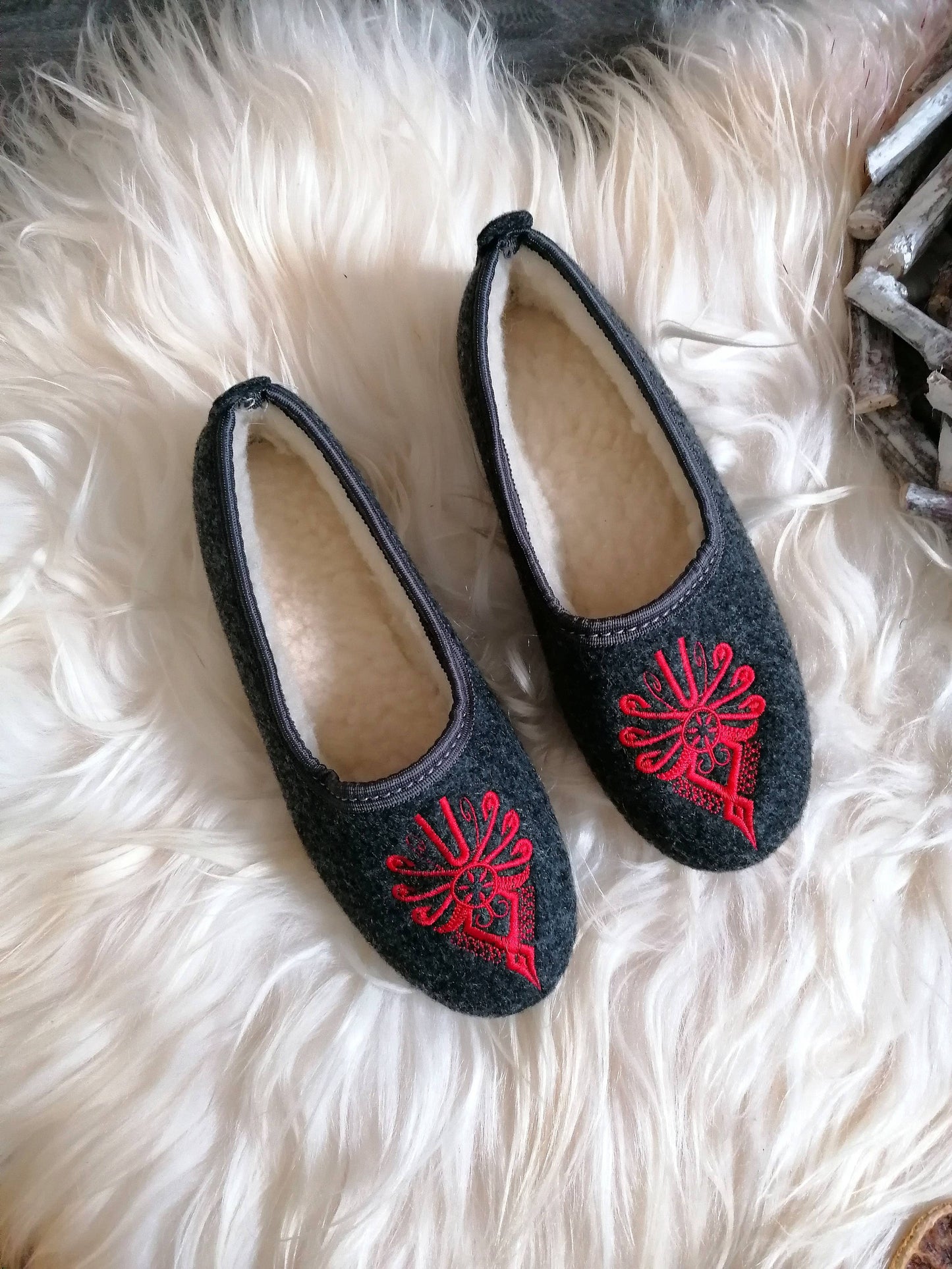 Graphite Felt Ballerina Folk Embroidered Slippers