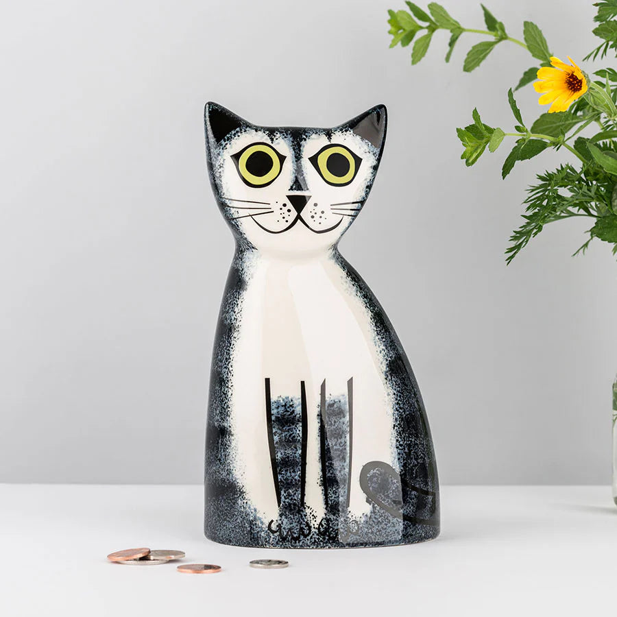 Handmade Ceramic Money Box - Grey Tabby Cat