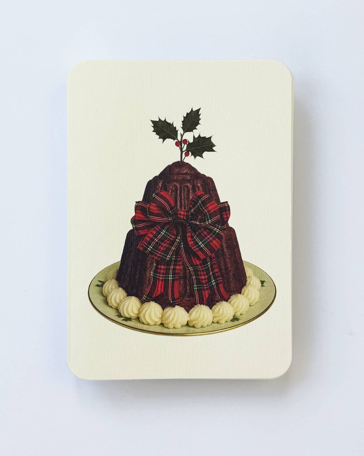 Christmas Plum Pudding Red Tartan Bow Greeting Card