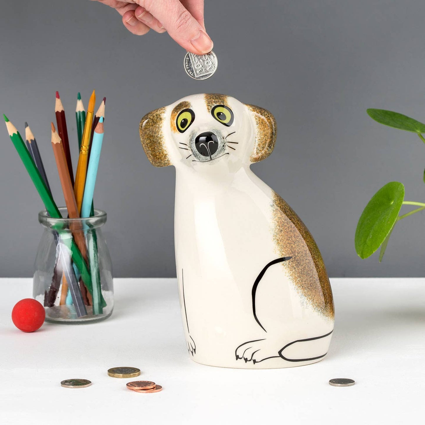 Handmade Ceramic Brown and White Dog Money Box