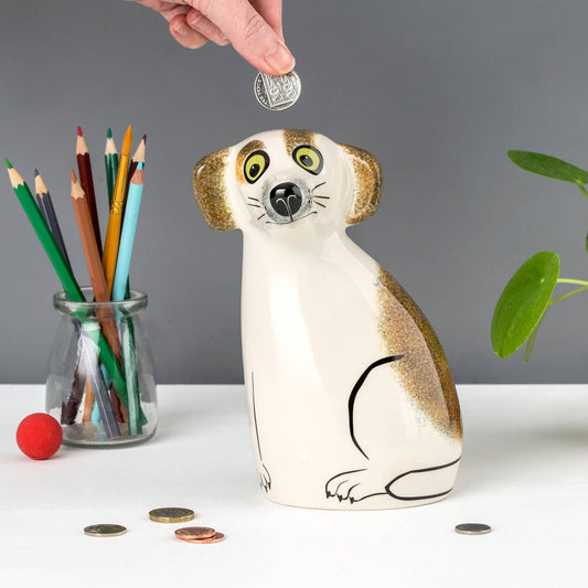 Handmade Ceramic Money Box - Brown & White Dog