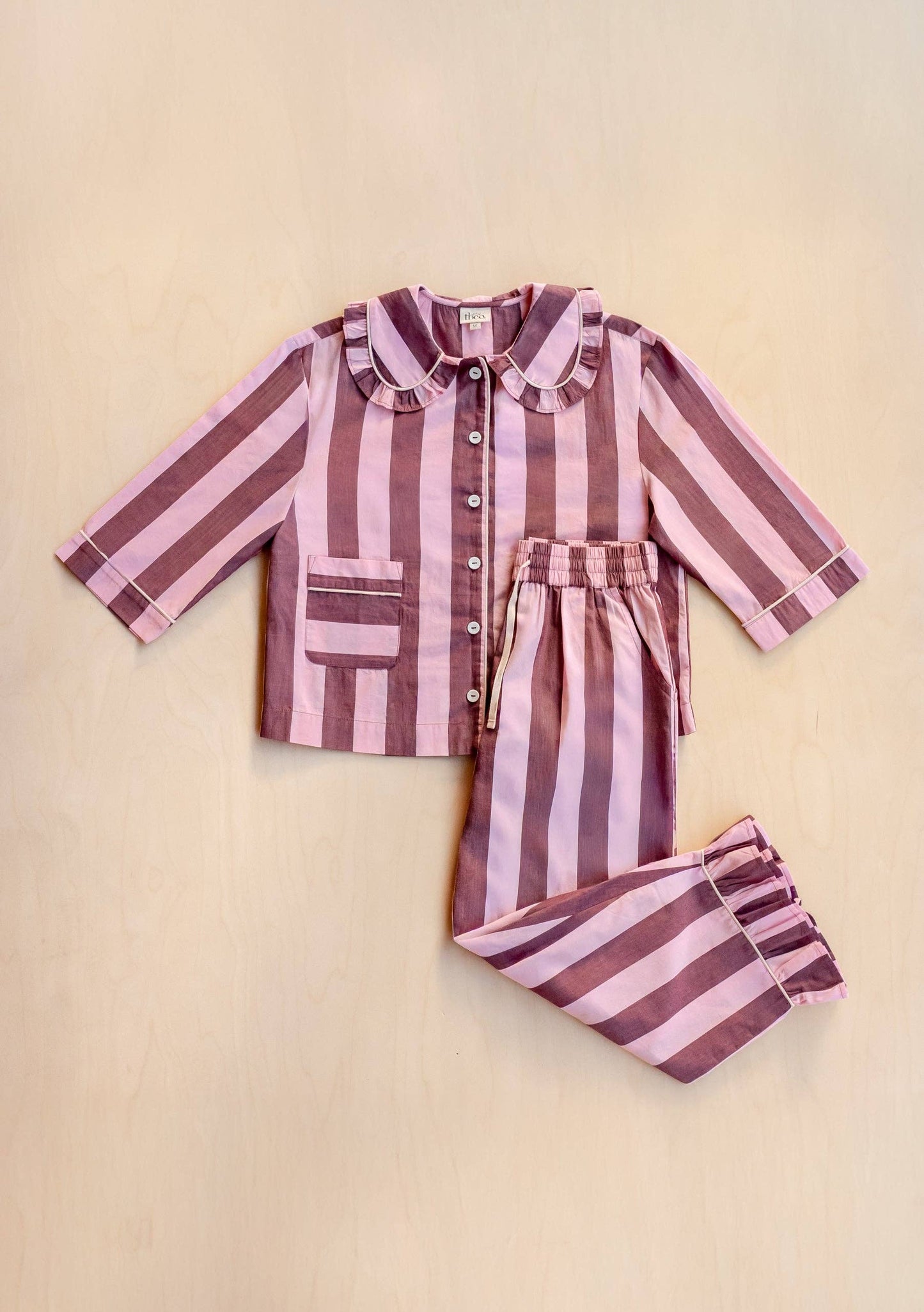 Cropped Cotton Pyjamas in Pink & Burgundy Stripe