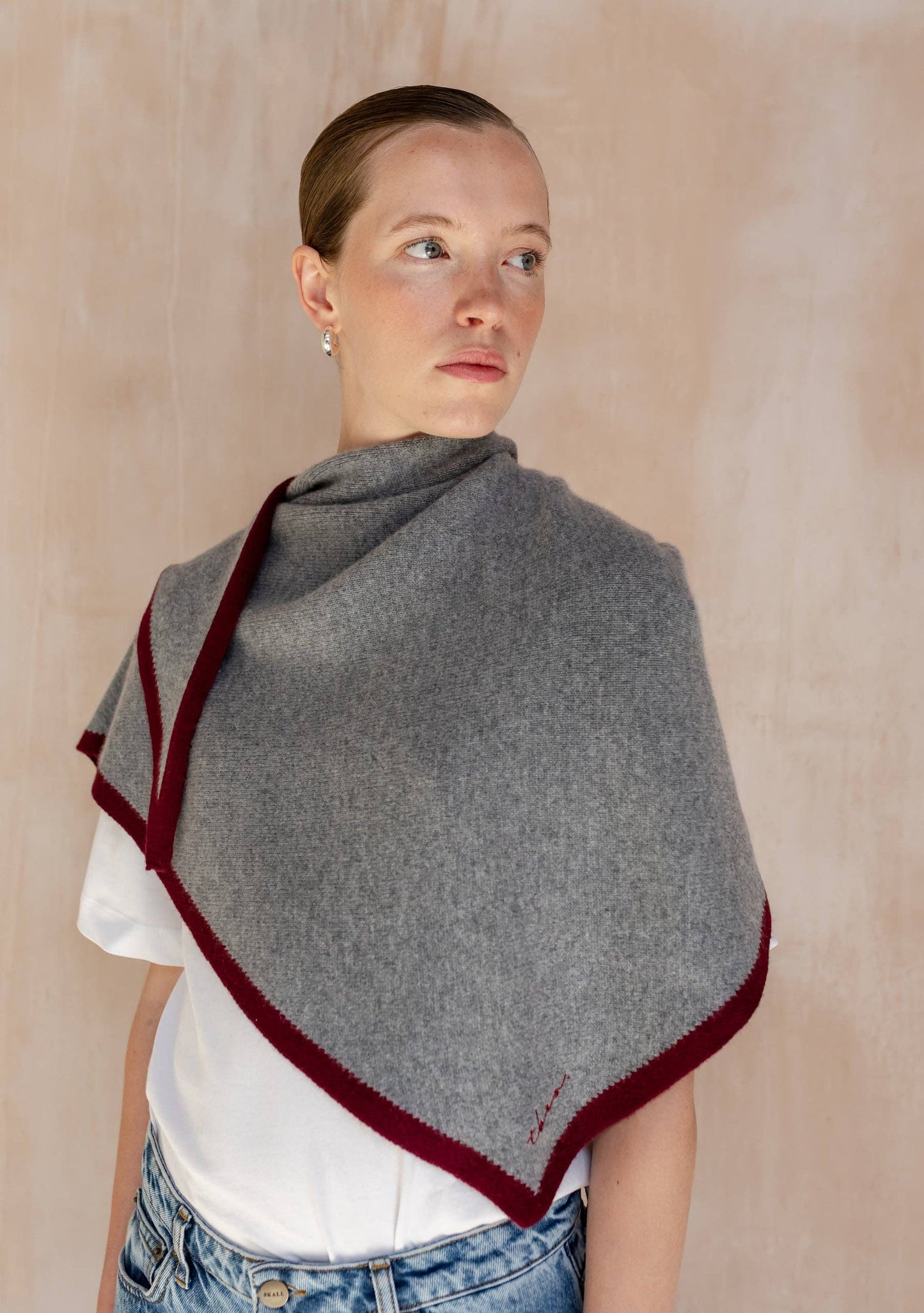 Large Merino Wool Triangle Scarf in Charcoal & Burgundy