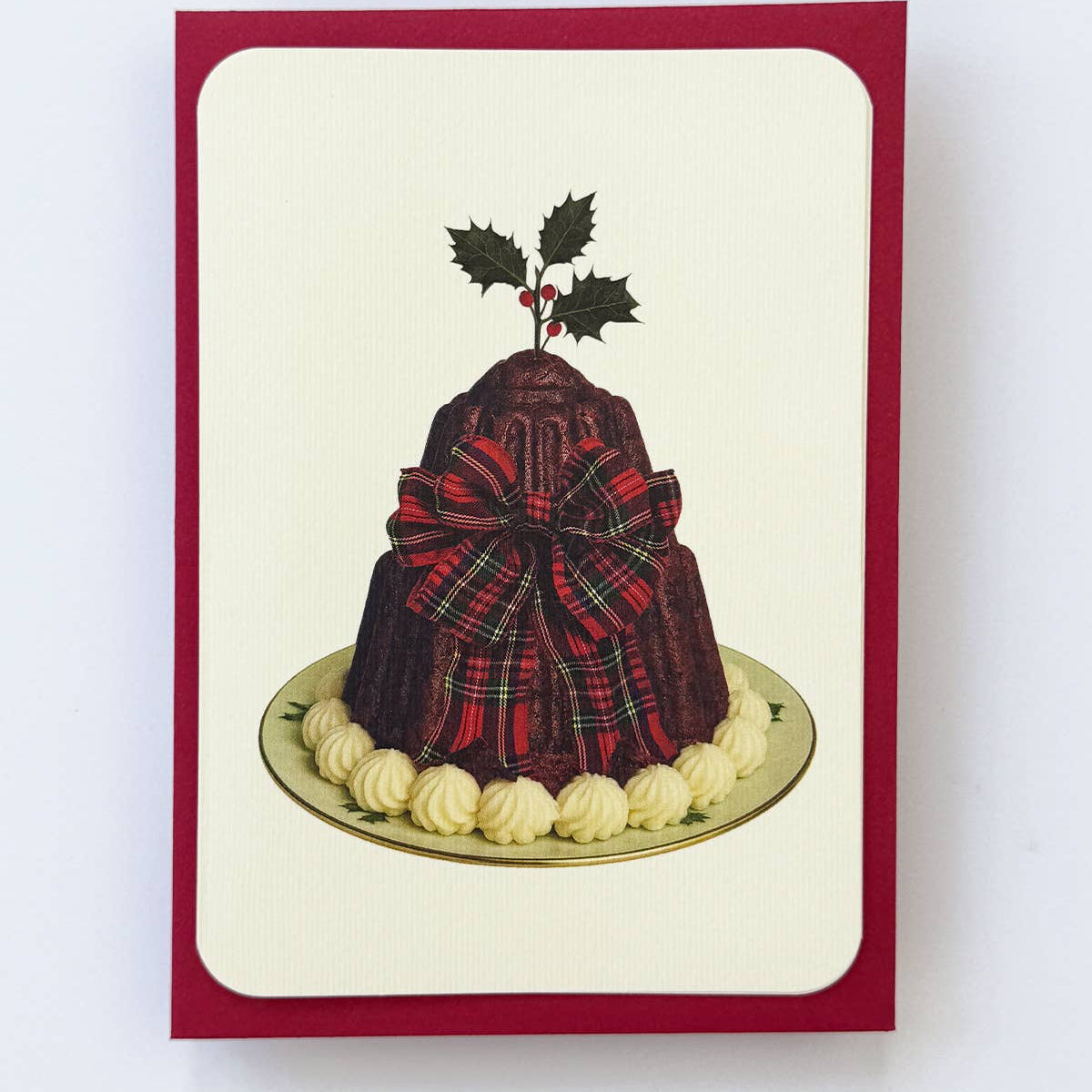 Christmas Plum Pudding Red Tartan Bow Greeting Card