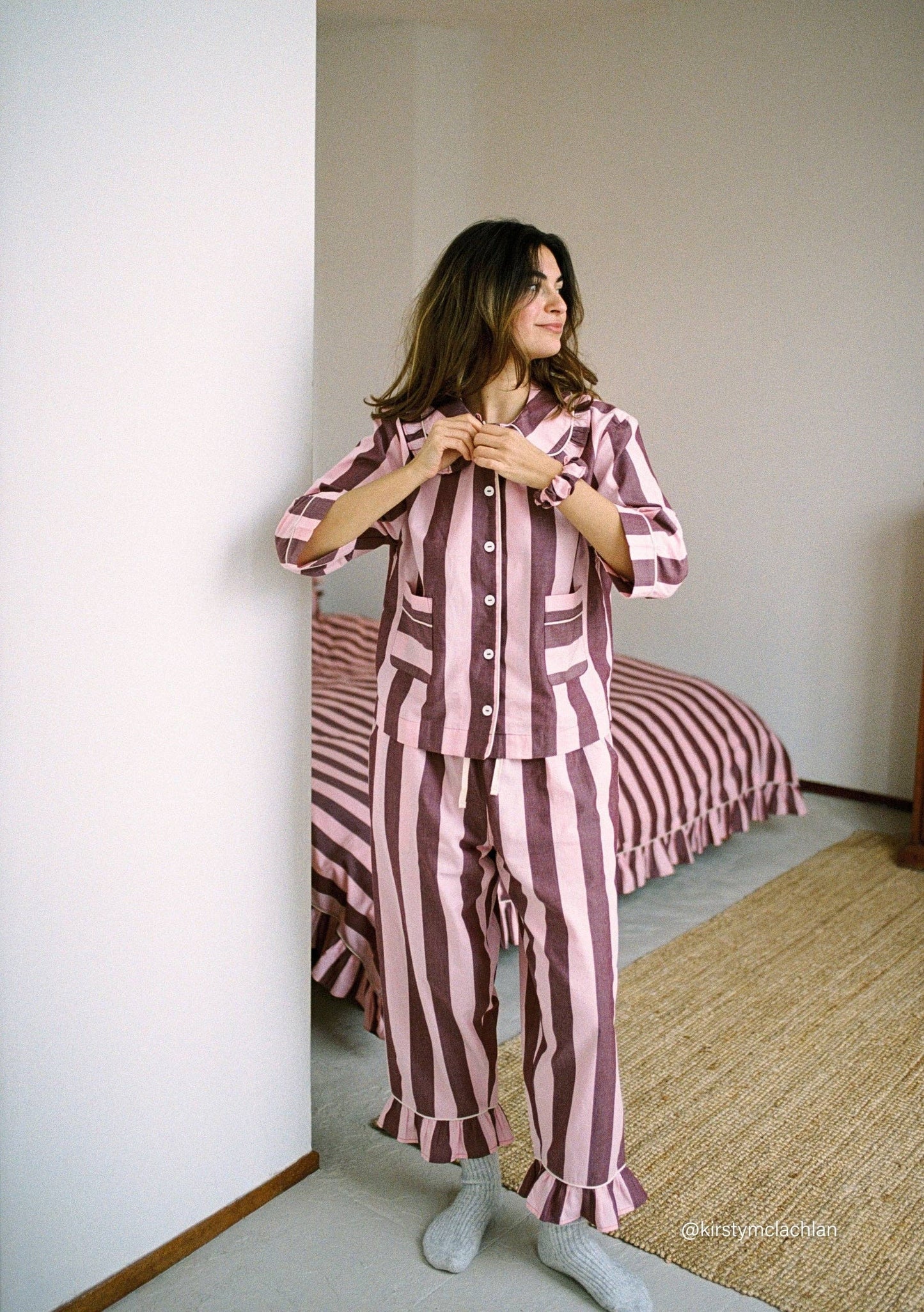 Cropped Cotton Pyjamas in Pink & Burgundy Stripe