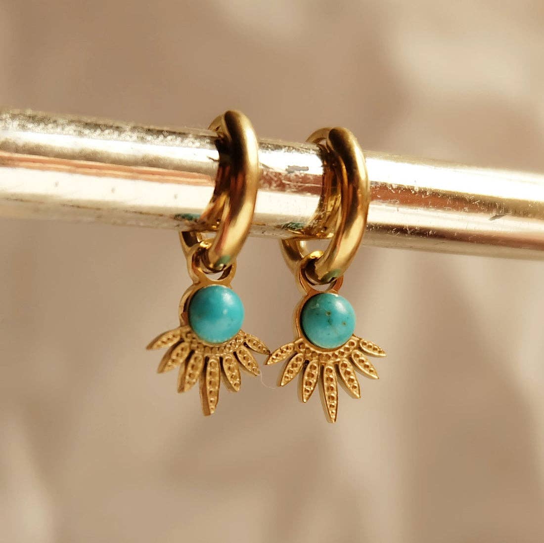 Gold and Turquoise Stone Floral Gold Hoop Earrings