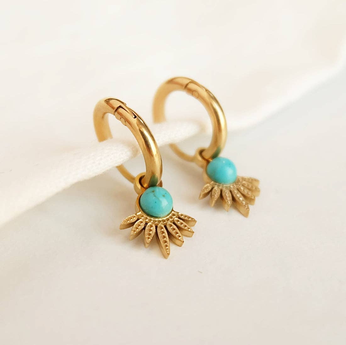 Gold and Turquoise Stone Floral Gold Hoop Earrings