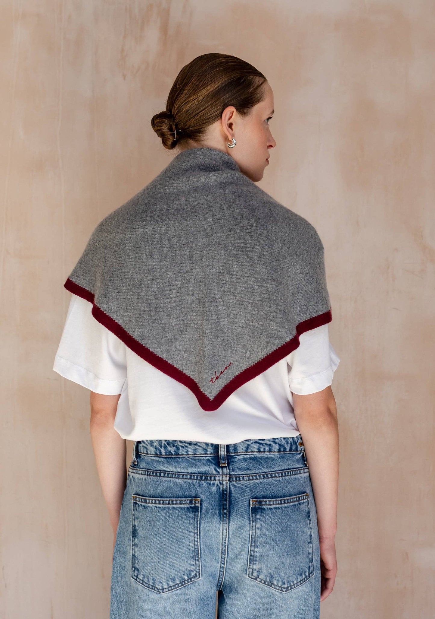 Large Merino Wool Triangle Scarf in Charcoal & Burgundy