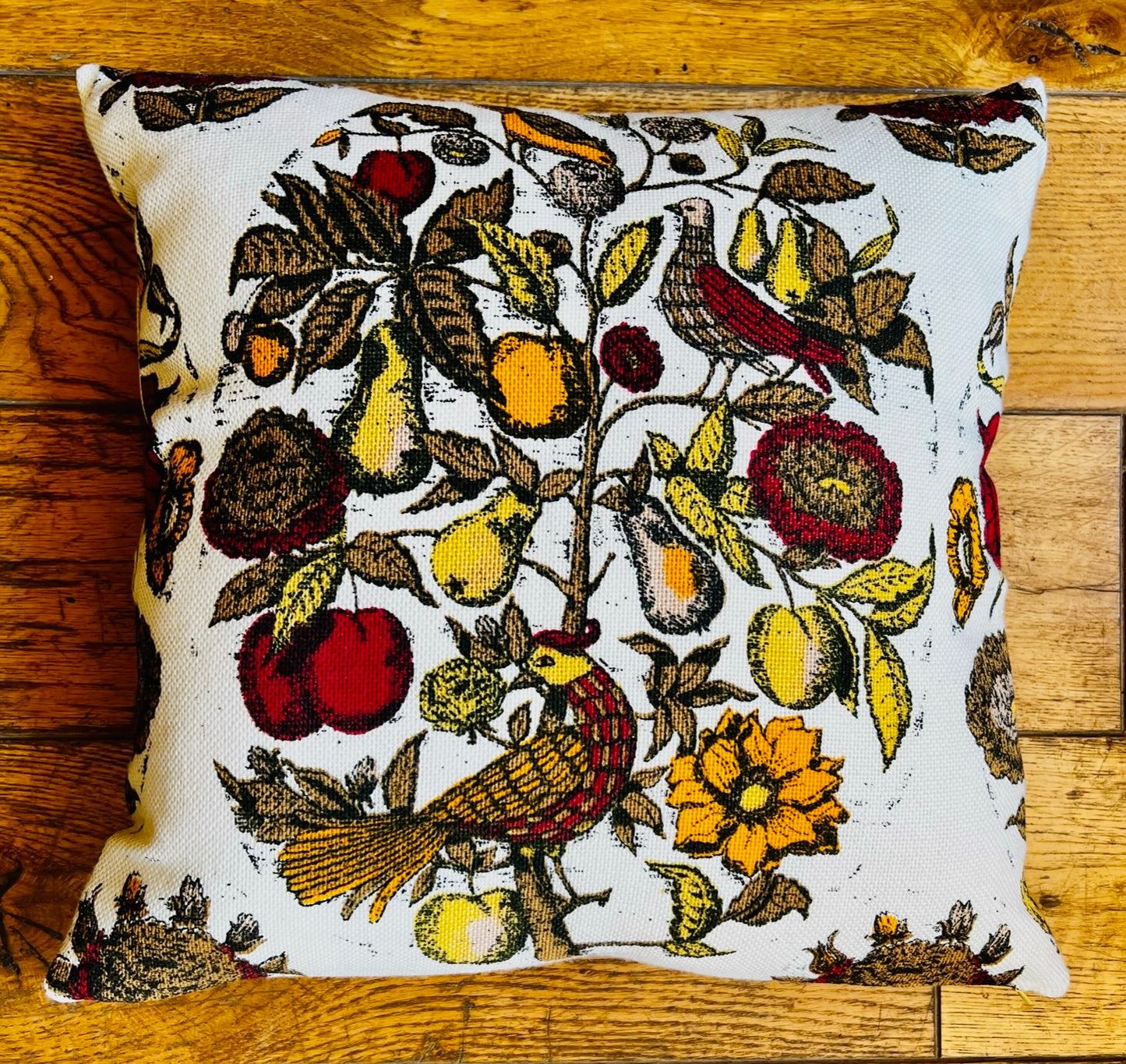 Cushion - Vintage Linen - Partridge in a Pear Tree - Yellow Ticking Stripe reverse - Size Small | New Romantic