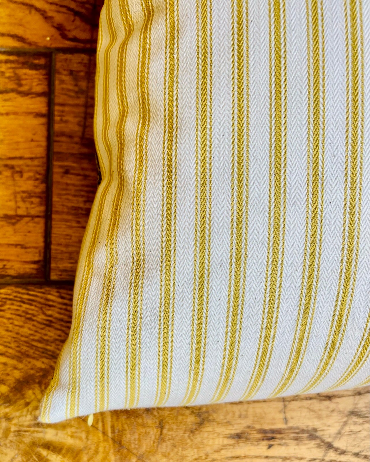 Cushion - Vintage Linen - Partridge in a Pear Tree - Yellow Ticking Stripe reverse - Size Small | New Romantic
