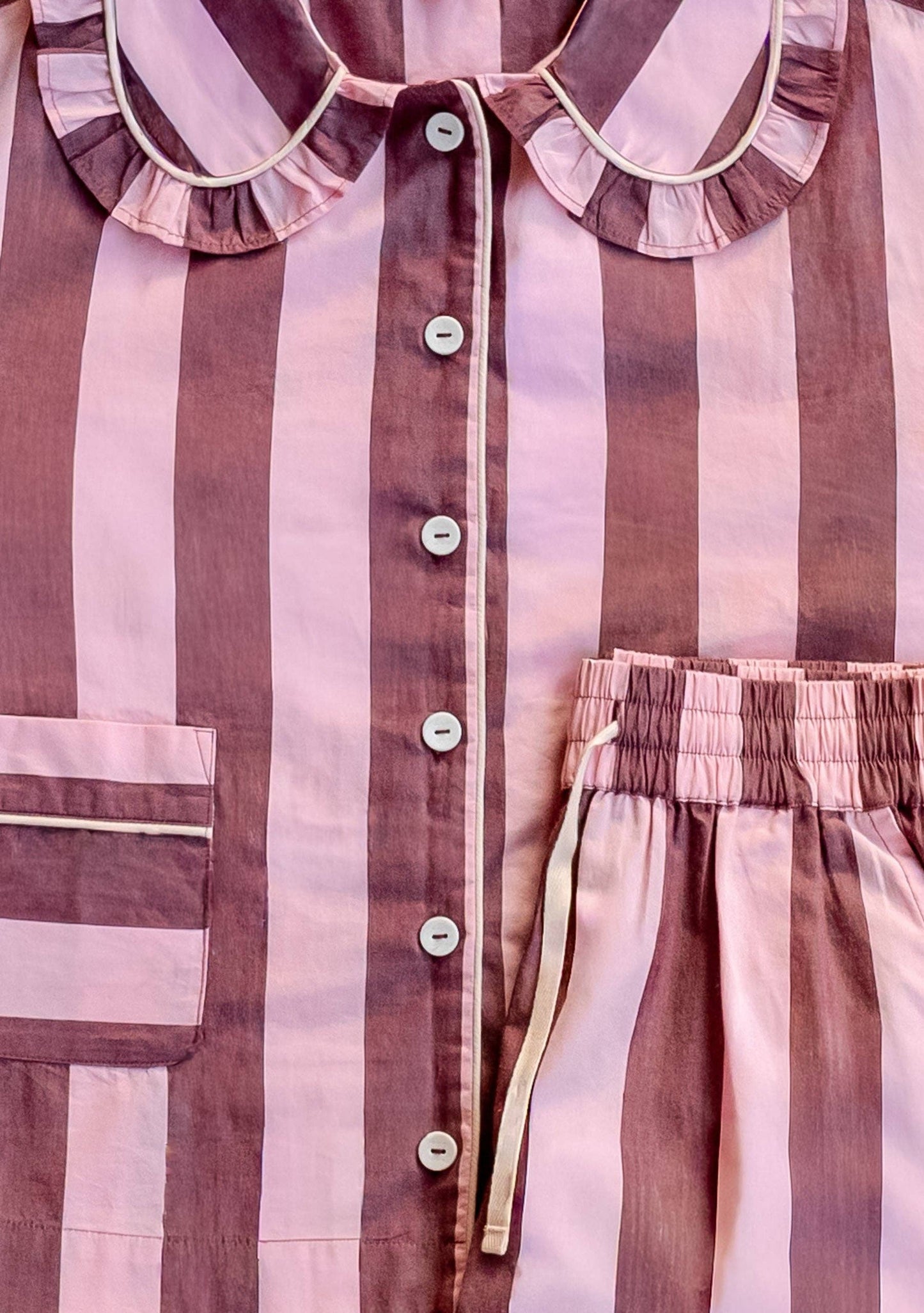Cropped Cotton Pyjamas in Pink & Burgundy Stripe