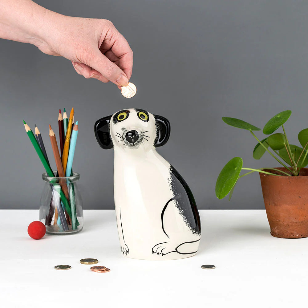 Handmade Ceramic Money Box - Black & White Dog