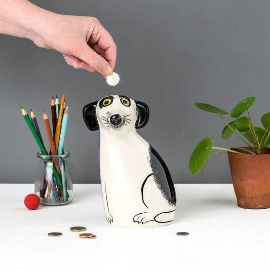 Handmade Ceramic Money Box - Black & White Dog
