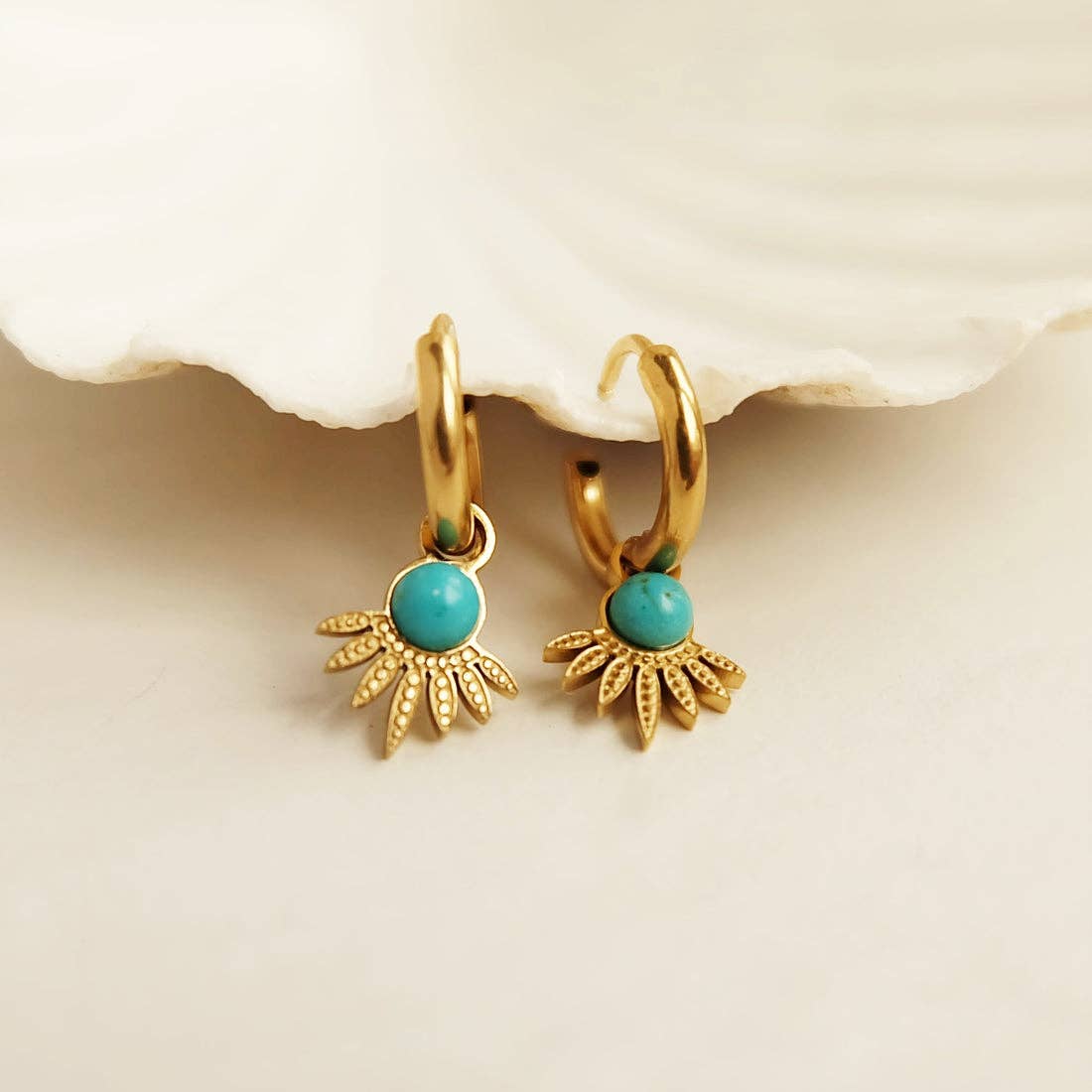 Gold and Turquoise Stone Floral Gold Hoop Earrings