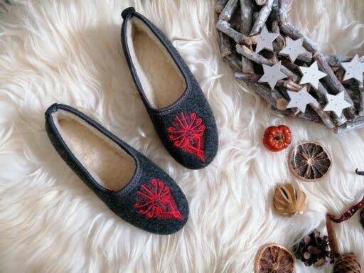 Graphite Felt Ballerina Folk Embroidered Slippers
