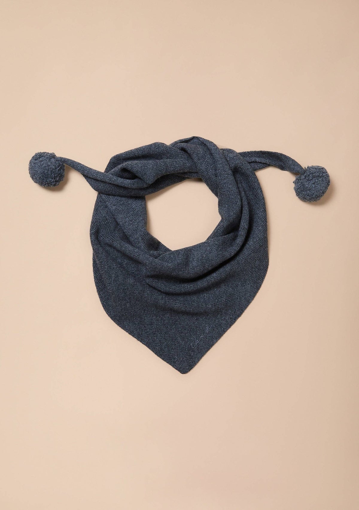 Merino Wool Triangle Scarf in Grey Pompom