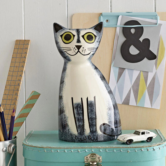 Handmade Ceramic Money Box - Grey Tabby Cat