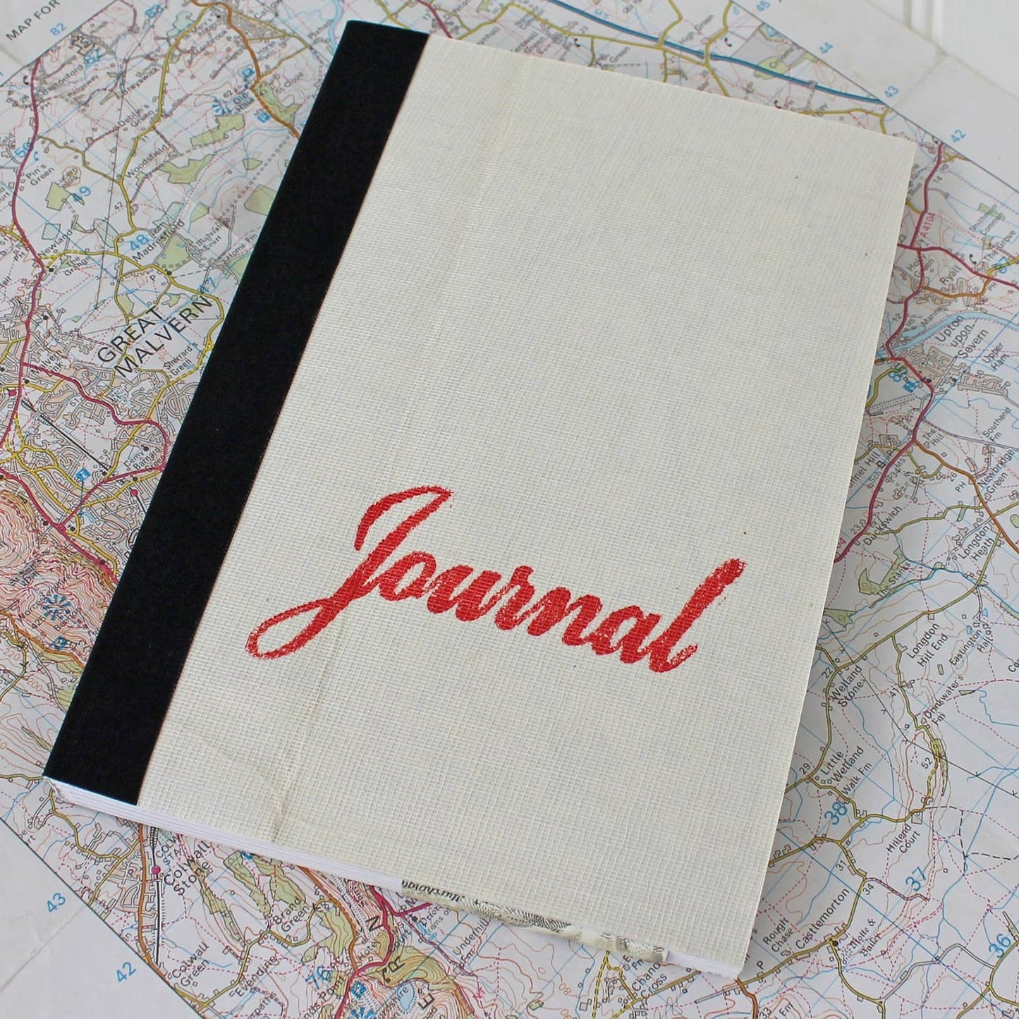 Vintage Linen Map Journal Red Script