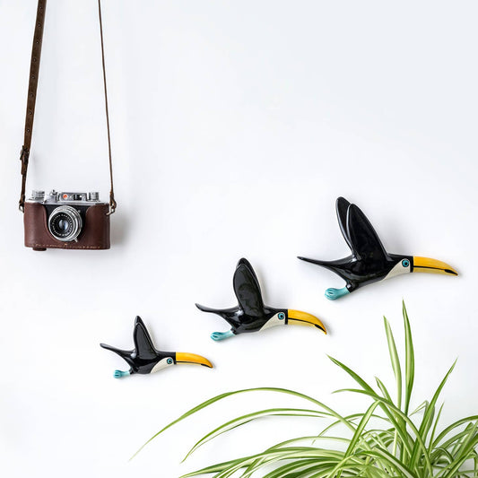 Wall-mounted Handmade Ceramic Flying Toucan Trio